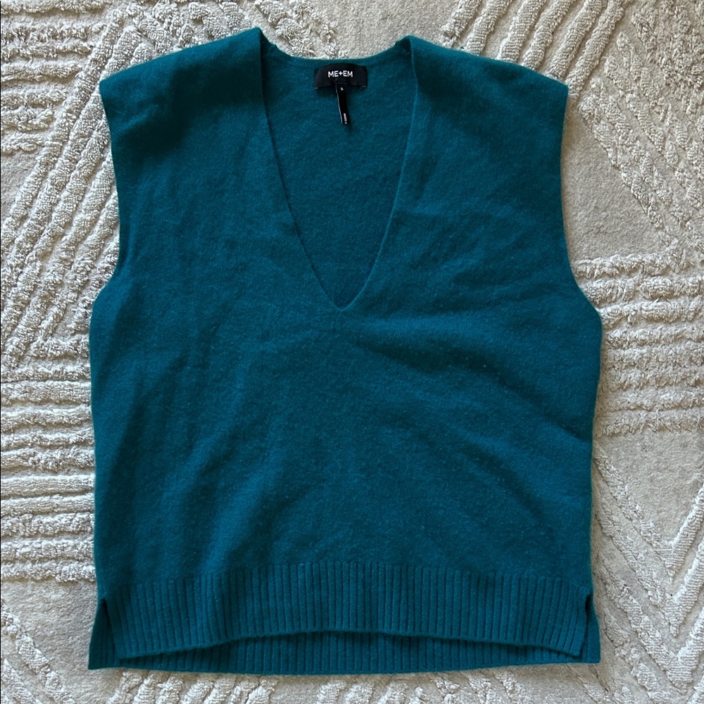 ME+EM Teal V-Neck Sleeveless sweater Vest Small 100 %Cashmere